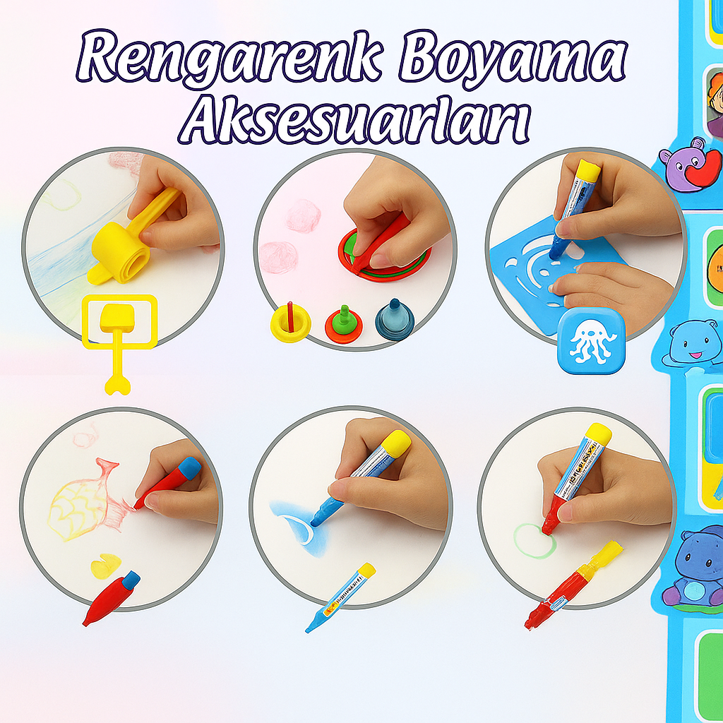 ÇOCUKLAR İÇİN SİHİRLİ SU BOYAMA HALISI + KALEM VE ŞABLON SETİ