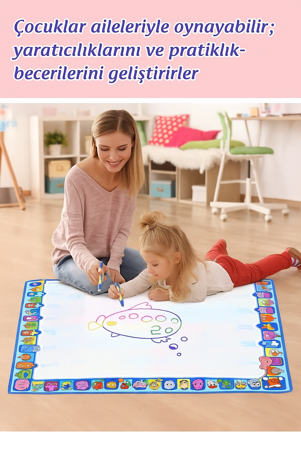 ÇOCUKLAR İÇİN SİHİRLİ SU BOYAMA HALISI + KALEM VE ŞABLON SETİ