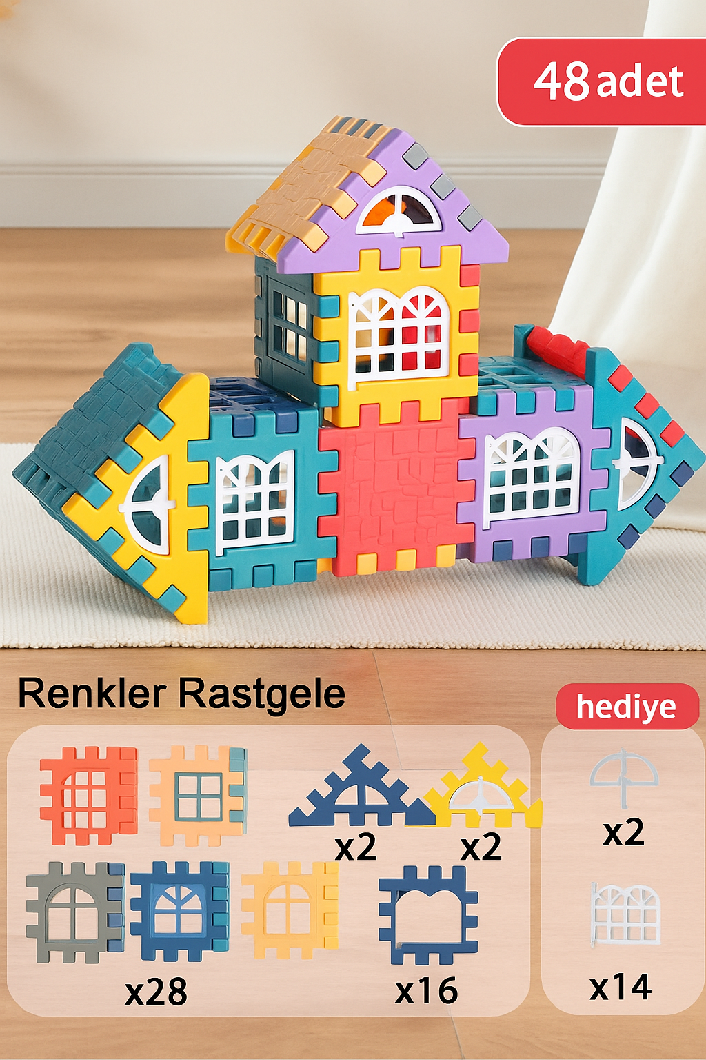 EĞİTİCİ RENKLİ YAPI BLOK OYUNCAK SETİ – EV VE KULE YAPIMI İÇİN