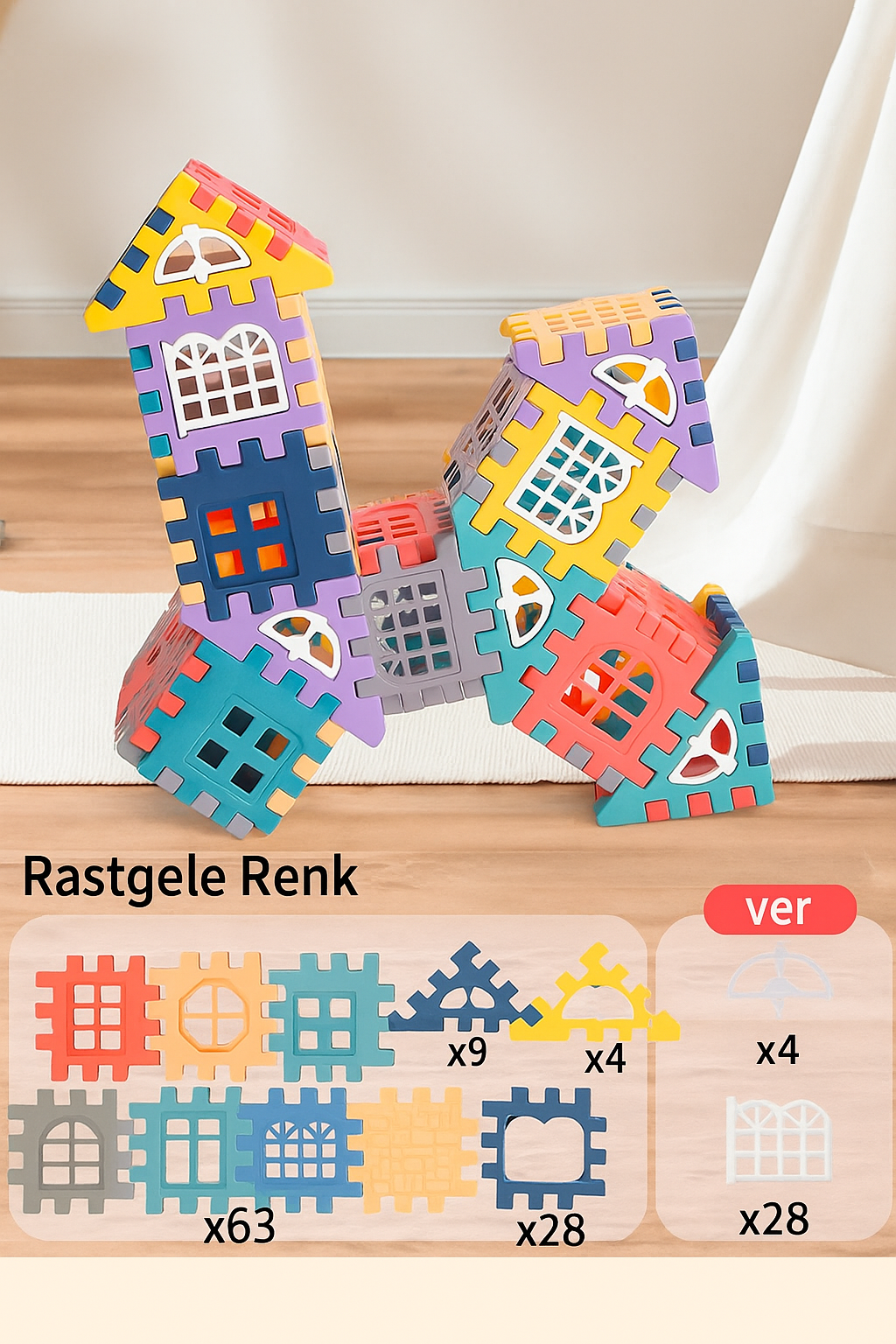 EĞİTİCİ RENKLİ YAPI BLOK OYUNCAK SETİ – EV VE KULE YAPIMI İÇİN