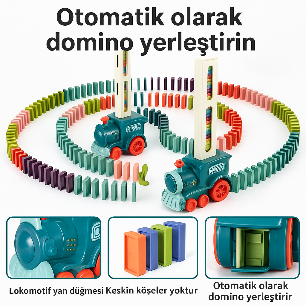OTOMATİK DOMİNO DİZİCİ TREN OYUNCAĞI – RENKLİ, SESLİ, EĞİTİCİ!